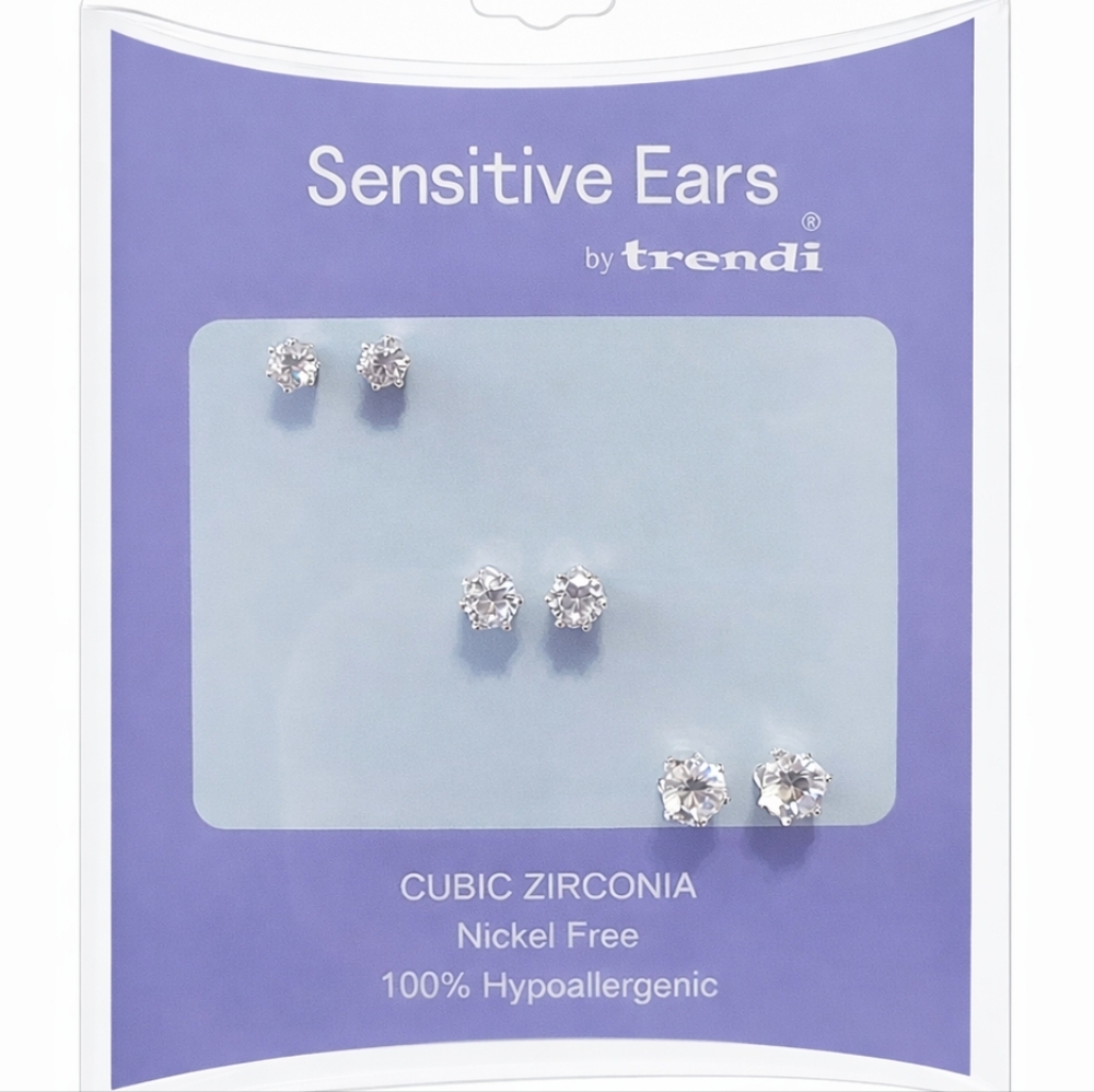CZ Stud Earrings Set | Sensitive Ears | Nickel Free | 3 Pair